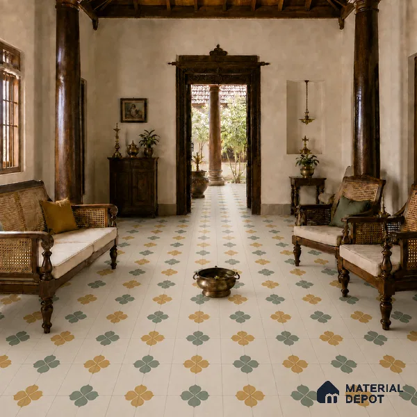 Athangudi Handmade Center Tile TL 10872 Marigold Clover 10 x 10 inch Concrete Pearl Finish - 18 mm | Suitable for Indoor Flooring in Living Room, Bedroom, Dining Area & Foyer