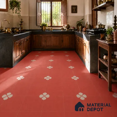 Athangudi Handmade Center Tile TL 10872 B Terracotta Jasmine 10 x 10 inch Concrete Pearl Finish - 18 mm | Suitable for Indoor Flooring in Living Room, Bedroom, Dining Area & Foyer