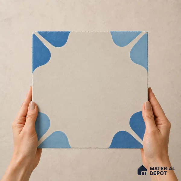 Athangudi Handmade Center Tile TL 10872 C Indigo Clover 10 x 10 inch Concrete Pearl Finish - 18 mm | Suitable for Indoor Flooring in Living Room, Bedroom, Dining Area & Foyer
