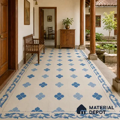 Athangudi Handmade Center Tile TL 10872 C Indigo Clover 10 x 10 inch Concrete Pearl Finish - 18 mm | Suitable for Indoor Flooring in Living Room, Bedroom, Dining Area & Foyer