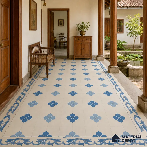 Athangudi Handmade Center Tile TL 10872 C Indigo Clover 10 x 10 inch Concrete Pearl Finish - 18 mm | Suitable for Indoor Flooring in Living Room, Bedroom, Dining Area & Foyer