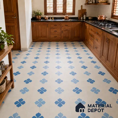 Athangudi Handmade Center Tile TL 10872 C Indigo Clover 10 x 10 inch Concrete Pearl Finish - 18 mm | Suitable for Indoor Flooring in Living Room, Bedroom, Dining Area & Foyer