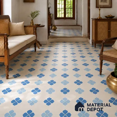 Athangudi Handmade Center Tile TL 10872 C Indigo Clover 10 x 10 inch Concrete Pearl Finish - 18 mm | Suitable for Indoor Flooring in Living Room, Bedroom, Dining Area & Foyer