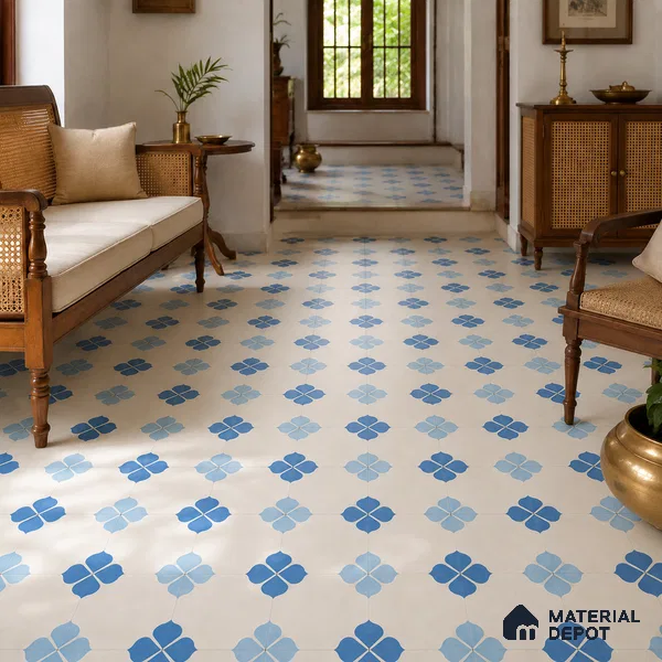 Athangudi Handmade Center Tile TL 10872 C Indigo Clover 10 x 10 inch Concrete Pearl Finish - 18 mm | Suitable for Indoor Flooring in Living Room, Bedroom, Dining Area & Foyer