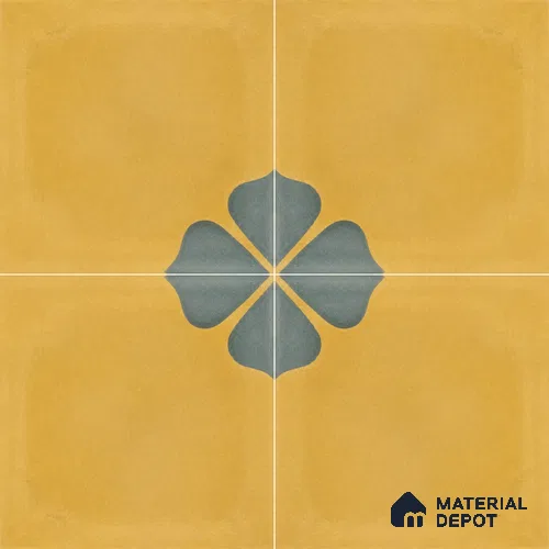 Athangudi Handmade Center Tile TL 10872 D Ochre Indigo Bloom 10 x 10 inch Concrete Pearl Finish - 18 mm | Suitable for Indoor Flooring in Living Room, Bedroom, Dining Area & Foyer