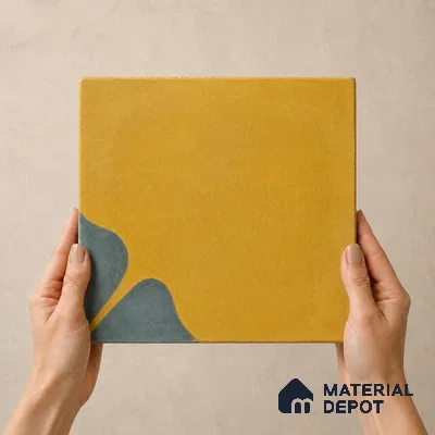 Athangudi Handmade Center Tile TL 10872 D Ochre Indigo Bloom 10 x 10 inch Concrete Pearl Finish - 18 mm | Suitable for Indoor Flooring in Living Room, Bedroom, Dining Area & Foyer