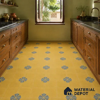 Athangudi Handmade Center Tile TL 10872 D Ochre Indigo Bloom 10 x 10 inch Concrete Pearl Finish - 18 mm | Suitable for Indoor Flooring in Living Room, Bedroom, Dining Area & Foyer