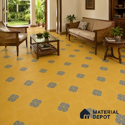 Athangudi Handmade Center Tile TL 10872 D Ochre Indigo Bloom 10 x 10 inch Concrete Pearl Finish - 18 mm | Suitable for Indoor Flooring in Living Room, Bedroom, Dining Area & Foyer