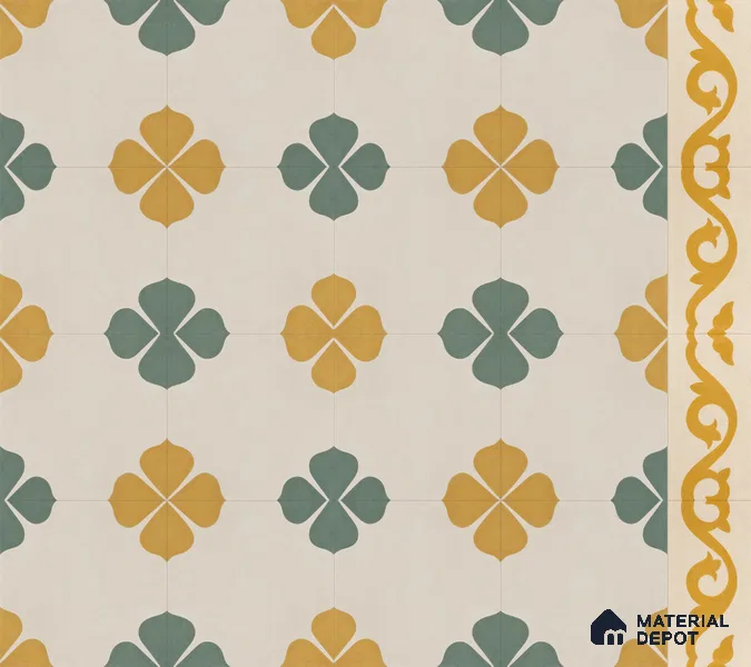 Athangudi Handmade Border Tile TL 10872 E Marigold Clover 10 x 5 inch Concrete Pearl Finish - 18 mm | Suitable for Decorative Floor Borders in Living Room, Bedroom, Dining Area & Foyer