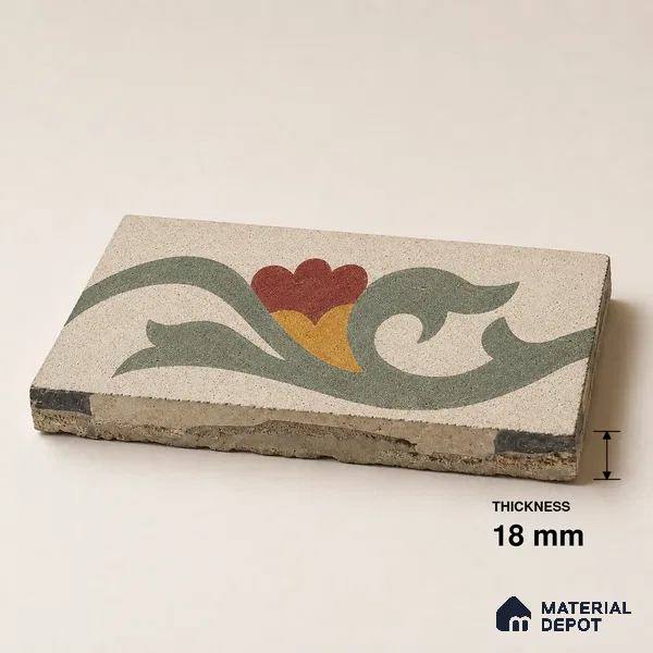 Athangudi Handmade Border Tile TL 10872 F Terracotta Jasmine 10 x 5 inch Concrete Pearl Finish - 18 mm | Suitable for Decorative Floor Borders in Living Room, Bedroom, Dining Area & Foyer