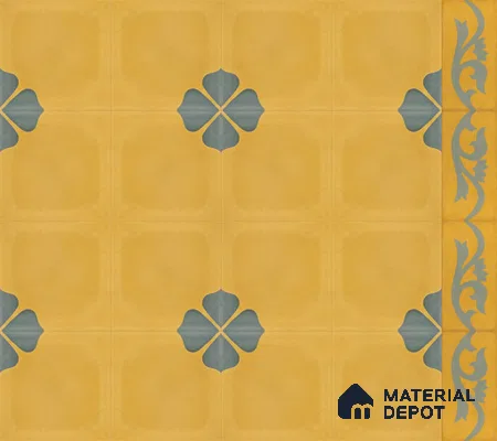 Athangudi Handmade Border Tile TL 10872 H Ochre Indigo Bloom 10 x 5 inch Concrete Pearl Finish - 18 mm | Suitable for Decorative Floor Borders in Living Room, Bedroom, Dining Area & Foyer