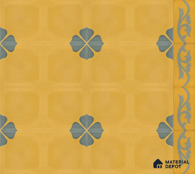Athangudi Handmade Border Tile TL 10872 H Ochre Indigo Bloom 10 x 5 inch Concrete Pearl Finish - 18 mm | Suitable for Decorative Floor Borders in Living Room, Bedroom, Dining Area & Foyer