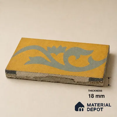 Athangudi Handmade Border Tile TL 10872 H Ochre Indigo Bloom 10 x 5 inch Concrete Pearl Finish - 18 mm | Suitable for Decorative Floor Borders in Living Room, Bedroom, Dining Area & Foyer