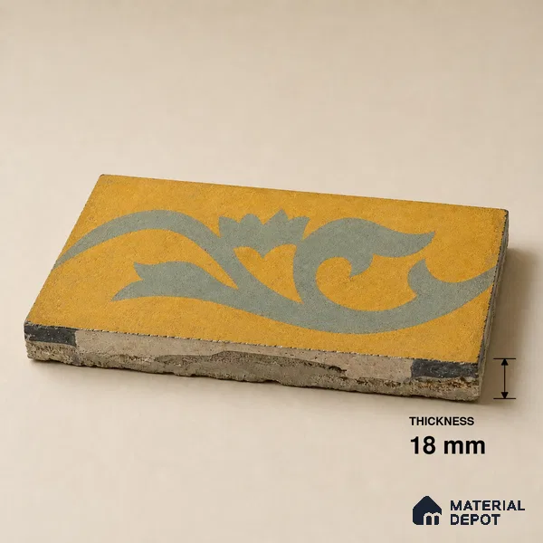 Athangudi Handmade Border Tile TL 10872 H Ochre Indigo Bloom 10 x 5 inch Concrete Pearl Finish - 18 mm | Suitable for Decorative Floor Borders in Living Room, Bedroom, Dining Area & Foyer