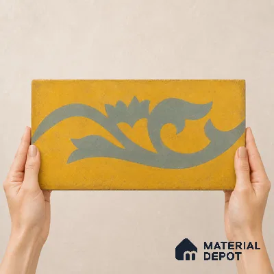 Athangudi Handmade Border Tile TL 10872 H Ochre Indigo Bloom 10 x 5 inch Concrete Pearl Finish - 18 mm | Suitable for Decorative Floor Borders in Living Room, Bedroom, Dining Area & Foyer