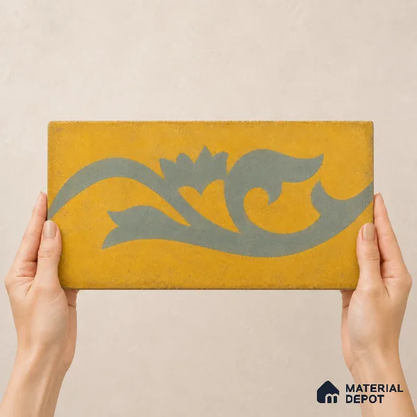 Athangudi Handmade Border Tile TL 10872 H Ochre Indigo Bloom 10 x 5 inch Concrete Pearl Finish - 18 mm | Suitable for Decorative Floor Borders in Living Room, Bedroom, Dining Area & Foyer