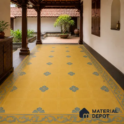 Athangudi Handmade Border Tile TL 10872 H Ochre Indigo Bloom 10 x 5 inch Concrete Pearl Finish - 18 mm | Suitable for Decorative Floor Borders in Living Room, Bedroom, Dining Area & Foyer