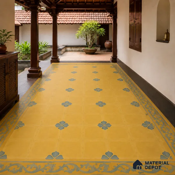 Athangudi Handmade Border Tile TL 10872 H Ochre Indigo Bloom 10 x 5 inch Concrete Pearl Finish - 18 mm | Suitable for Decorative Floor Borders in Living Room, Bedroom, Dining Area & Foyer