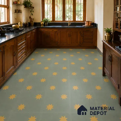 Athangudi Handmade Center Tile TL 10877 Olive Sunburst 10 x 10 inch Concrete Pearl Finish - 18 mm | Suitable for Indoor Flooring in Living Room, Bedroom, Dining Area & Foyer