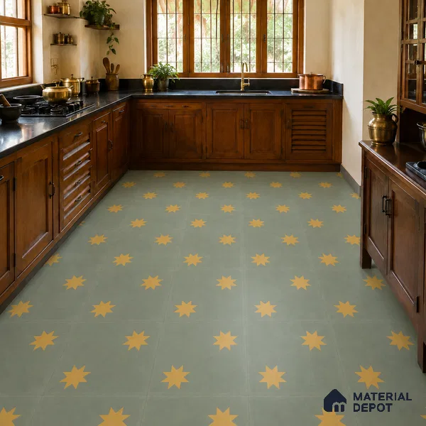 Athangudi Handmade Center Tile TL 10877 Olive Sunburst 10 x 10 inch Concrete Pearl Finish - 18 mm | Suitable for Indoor Flooring in Living Room, Bedroom, Dining Area & Foyer