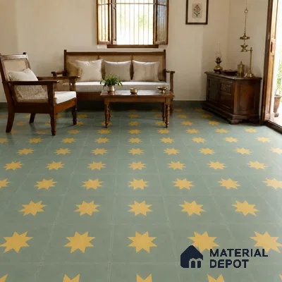 Athangudi Handmade Center Tile TL 10877 Olive Sunburst 10 x 10 inch Concrete Pearl Finish - 18 mm | Suitable for Indoor Flooring in Living Room, Bedroom, Dining Area & Foyer