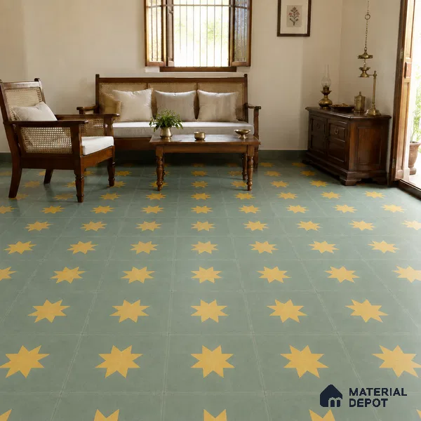 Athangudi Handmade Center Tile TL 10877 Olive Sunburst 10 x 10 inch Concrete Pearl Finish - 18 mm | Suitable for Indoor Flooring in Living Room, Bedroom, Dining Area & Foyer
