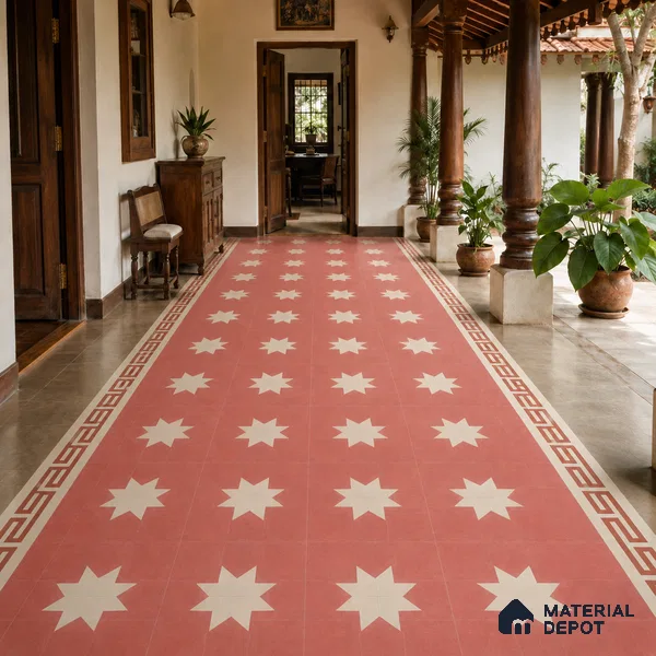 Athangudi Handmade Center Tile TL 10877 B Rose Sunburst 10 x 10 inch Concrete Pearl Finish - 18 mm | Suitable for Indoor Flooring in Living Room, Bedroom, Dining Area & Foyer