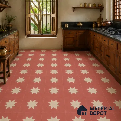 Athangudi Handmade Center Tile TL 10877 B Rose Sunburst 10 x 10 inch Concrete Pearl Finish - 18 mm | Suitable for Indoor Flooring in Living Room, Bedroom, Dining Area & Foyer