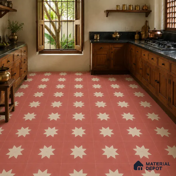 Athangudi Handmade Center Tile TL 10877 B Rose Sunburst 10 x 10 inch Concrete Pearl Finish - 18 mm | Suitable for Indoor Flooring in Living Room, Bedroom, Dining Area & Foyer
