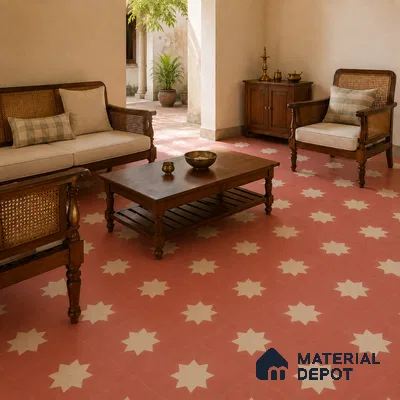 Athangudi Handmade Center Tile TL 10877 B Rose Sunburst 10 x 10 inch Concrete Pearl Finish - 18 mm | Suitable for Indoor Flooring in Living Room, Bedroom, Dining Area & Foyer