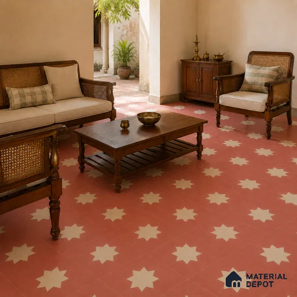 Athangudi Handmade Center Tile TL 10877 B Rose Sunburst 10 x 10 inch Concrete Pearl Finish - 18 mm | Suitable for Indoor Flooring in Living Room, Bedroom, Dining Area & Foyer