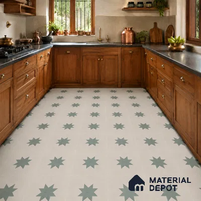Athangudi Handmade Center Tile TL 10877 C Ivory Emerald Sun 10 x 10 inch Concrete Pearl Finish - 18 mm | Suitable for Indoor Flooring in Living Room, Bedroom, Dining Area & Foyer