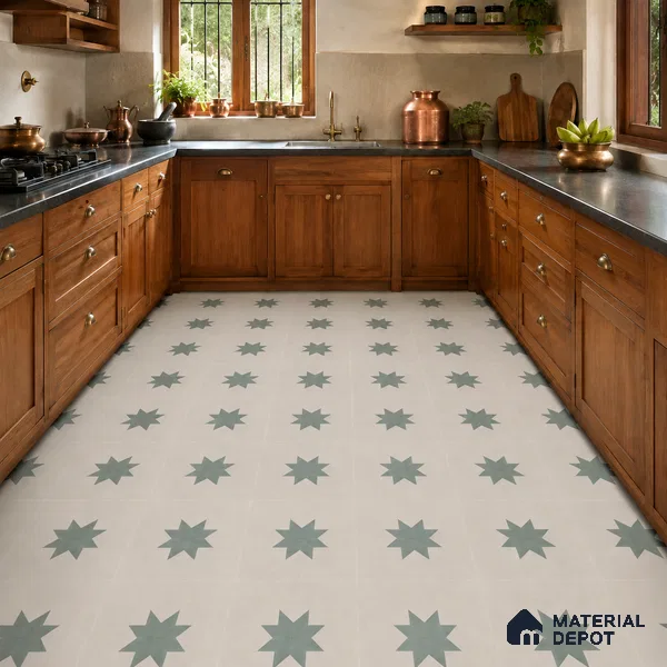 Athangudi Handmade Center Tile TL 10877 C Ivory Emerald Sun 10 x 10 inch Concrete Pearl Finish - 18 mm | Suitable for Indoor Flooring in Living Room, Bedroom, Dining Area & Foyer
