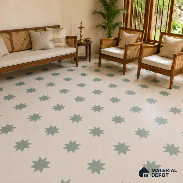Athangudi Handmade Center Tile TL 10877 C Ivory Emerald Sun 10 x 10 inch Concrete Pearl Finish - 18 mm | Suitable for Indoor Flooring in Living Room, Bedroom, Dining Area & Foyer