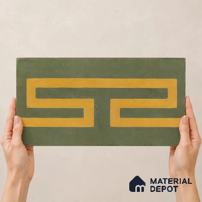 Athangudi Handmade Border Tile TL 10877 E Olive Sunburst 10 x 5 inch Concrete Pearl Finish - 18 mm | Suitable for Decorative Floor Borders in Living Room, Bedroom, Dining Area & Foyer
