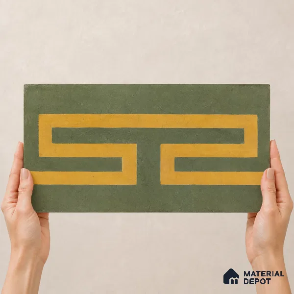 Athangudi Handmade Border Tile TL 10877 E Olive Sunburst 10 x 5 inch Concrete Pearl Finish - 18 mm | Suitable for Decorative Floor Borders in Living Room, Bedroom, Dining Area & Foyer