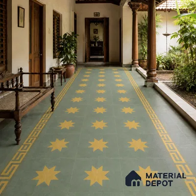 Athangudi Handmade Border Tile TL 10877 E Olive Sunburst 10 x 5 inch Concrete Pearl Finish - 18 mm | Suitable for Decorative Floor Borders in Living Room, Bedroom, Dining Area & Foyer