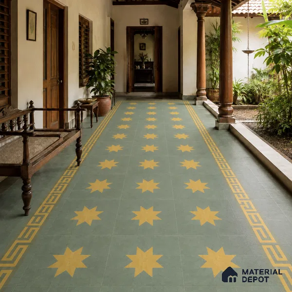 Athangudi Handmade Border Tile TL 10877 E Olive Sunburst 10 x 5 inch Concrete Pearl Finish - 18 mm | Suitable for Decorative Floor Borders in Living Room, Bedroom, Dining Area & Foyer