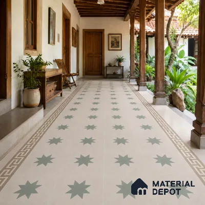 Athangudi Handmade Border Tile TL 10877 G Ivory Emerald Sun 10 x 5 inch Concrete Pearl Finish - 18 mm | Suitable for Decorative Floor Borders in Living Room, Bedroom, Dining Area & Foyer