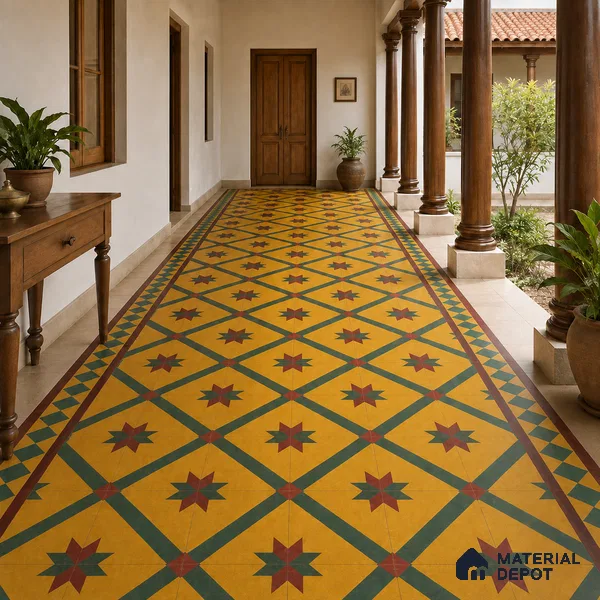 Athangudi Handmade Center Tile TL 10874 Peacock Star Garden 10 x 10 inch Concrete Pearl Finish - 18 mm | Suitable for Indoor Flooring in Living Room, Bedroom, Dining Area & Foyer