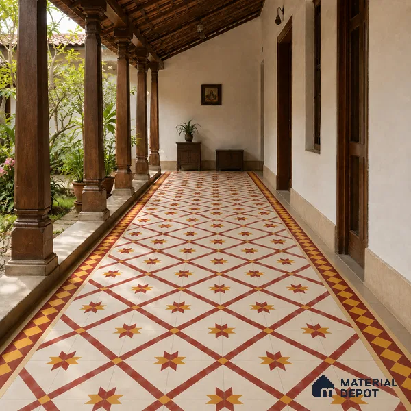 Athangudi Handmade Center Tile TL 10874 B Jaipur Sunstar 10 x 10 inch Concrete Pearl Finish - 18 mm | Suitable for Indoor Flooring in Living Room, Bedroom, Dining Area & Foyer