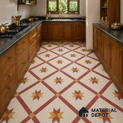 Athangudi Handmade Center Tile TL 10874 B Jaipur Sunstar 10 x 10 inch Concrete Pearl Finish - 18 mm | Suitable for Indoor Flooring in Living Room, Bedroom, Dining Area & Foyer