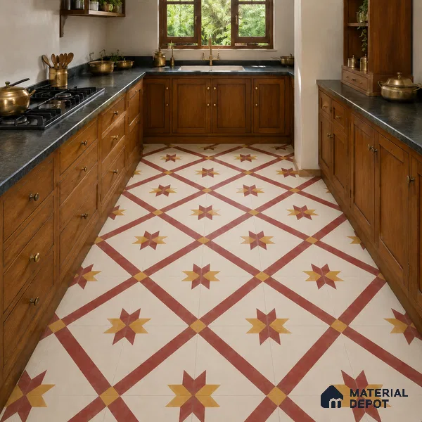 Athangudi Handmade Center Tile TL 10874 B Jaipur Sunstar 10 x 10 inch Concrete Pearl Finish - 18 mm | Suitable for Indoor Flooring in Living Room, Bedroom, Dining Area & Foyer