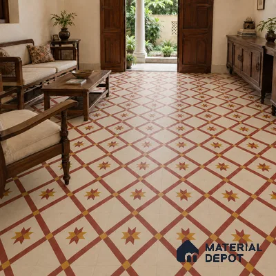 Athangudi Handmade Center Tile TL 10874 B Jaipur Sunstar 10 x 10 inch Concrete Pearl Finish - 18 mm | Suitable for Indoor Flooring in Living Room, Bedroom, Dining Area & Foyer