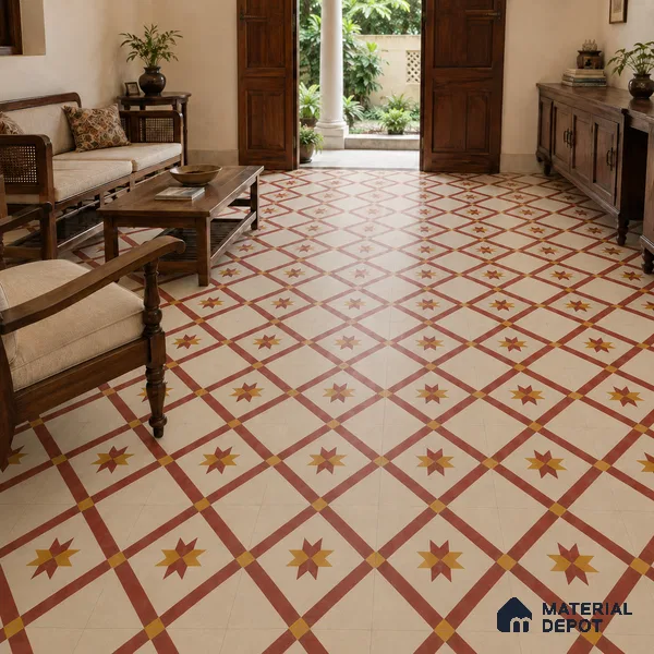 Athangudi Handmade Center Tile TL 10874 B Jaipur Sunstar 10 x 10 inch Concrete Pearl Finish - 18 mm | Suitable for Indoor Flooring in Living Room, Bedroom, Dining Area & Foyer