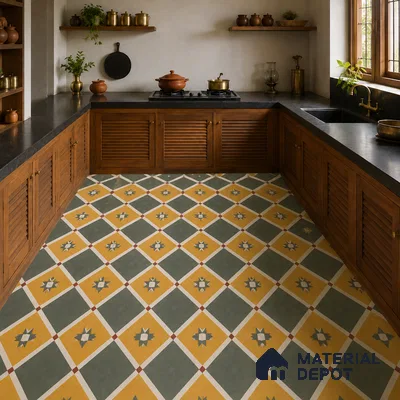 Athangudi Handmade Center Tile TL 10874 C Emerald Sunstar 10 x 10 inch Concrete Pearl Finish - 18 mm | Suitable for Indoor Flooring in Living Room, Bedroom, Dining Area & Foyer