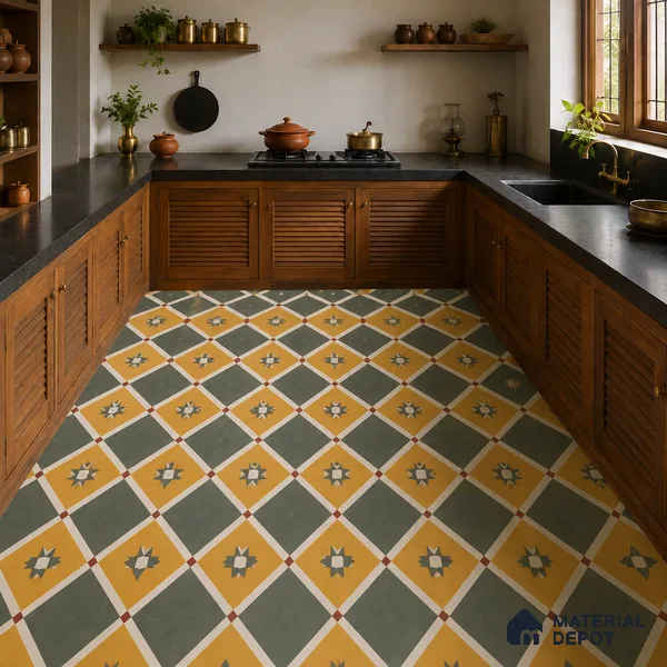 Athangudi Handmade Center Tile TL 10874 C Emerald Sunstar 10 x 10 inch Concrete Pearl Finish - 18 mm | Suitable for Indoor Flooring in Living Room, Bedroom, Dining Area & Foyer