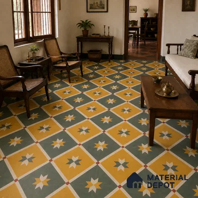 Athangudi Handmade Center Tile TL 10874 C Emerald Sunstar 10 x 10 inch Concrete Pearl Finish - 18 mm | Suitable for Indoor Flooring in Living Room, Bedroom, Dining Area & Foyer