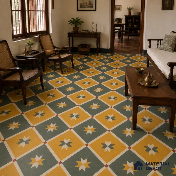 Athangudi Handmade Center Tile TL 10874 C Emerald Sunstar 10 x 10 inch Concrete Pearl Finish - 18 mm | Suitable for Indoor Flooring in Living Room, Bedroom, Dining Area & Foyer