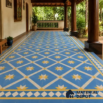 Athangudi Handmade Center Tile TL 10874 D Turquoise Sunstar 10 x 10 inch Concrete Pearl Finish - 18 mm | Suitable for Indoor Flooring in Living Room, Bedroom, Dining Area & Foyer